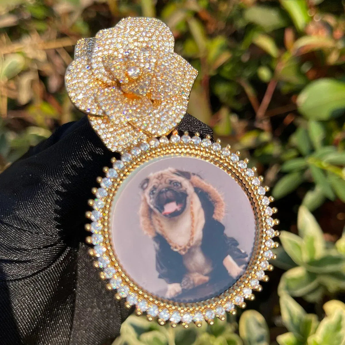 Rose Flower Bail Round Tennis Custom Photo Picture Pendant Necklace - Personalized Jewelry - CaratixJewelry